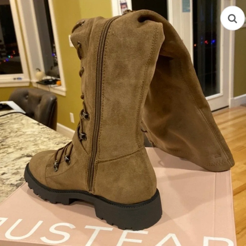 JustFab Phyllida Flat‎ Boots Women 7 Brown Over The Knee Lace Up Lug Sole Punk